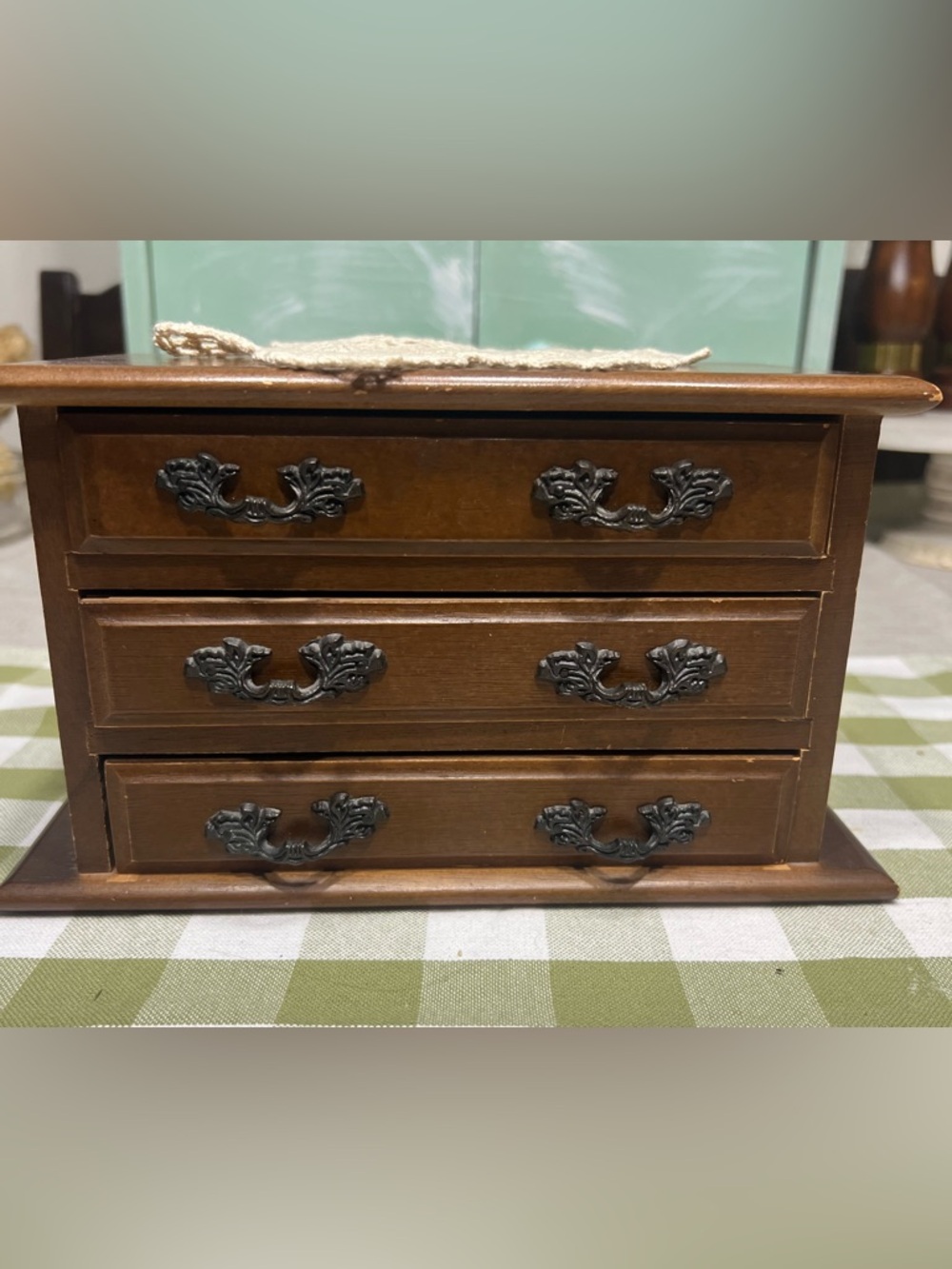 Vintage Brown Wooden Jewelry Chest with Ornate Metal Handles